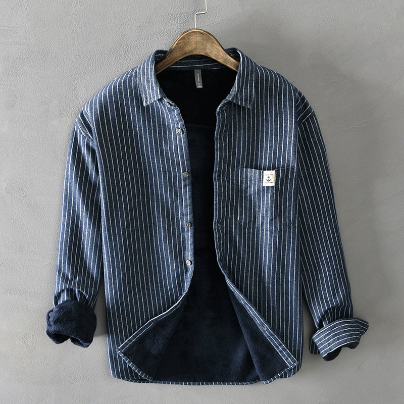 Hommes hiver polaire doublé chaud épais classique rayé chemises mâle à manches longues revers brossé décontracté rétro hauts vêtements