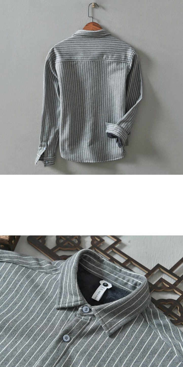 Hommes hiver polaire doublé chaud épais classique rayé chemises mâle à manches longues revers brossé décontracté rétro hauts vêtements