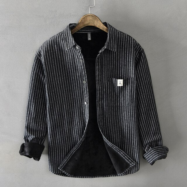 Hommes hiver polaire doublé chaud épais classique rayé chemises mâle à manches longues revers brossé décontracté rétro hauts vêtements
