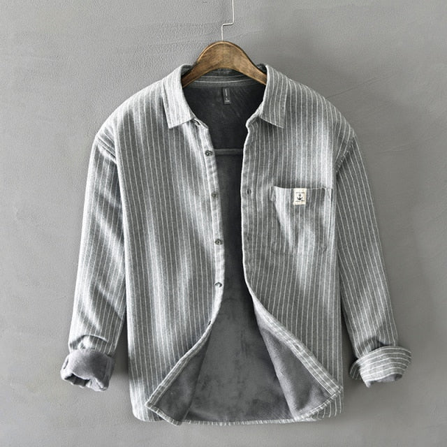 Hommes hiver polaire doublé chaud épais classique rayé chemises mâle à manches longues revers brossé décontracté rétro hauts vêtements