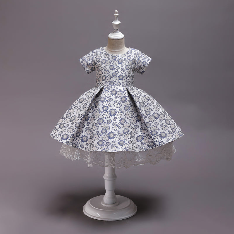 Jolies robes d'été en dentelle à fleurs en Satin pour filles, Tutu à manches courtes, robe de fête d'anniversaire pour enfants, robes de bal pour filles