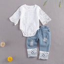 Infant Baby Girl Clothes set Toddler Long sleeve Lace Gauze Bodysuit + Baby Girl Jeans Kids Newborn Clothing Outfits