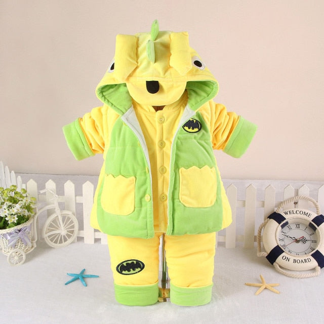 Flanelle dinosaure coton rembourré bébé garçon vêtements bébé ensemble 3 pièces manteau + gilet + pantalon vêtements pour bébés pour 0-2 ans