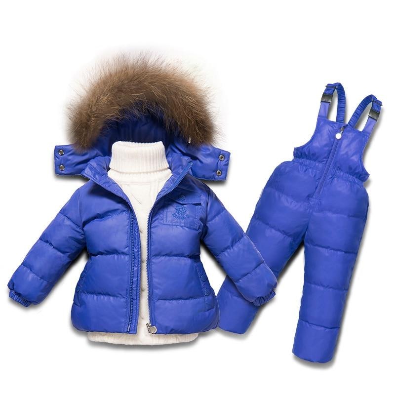Ensemble de vêtements d'hiver pour garçons et filles, manteau en duvet de canard blanc + salopette, 2 pièces, vêtements de neige pour enfants, combinaison de Ski coupe-vent