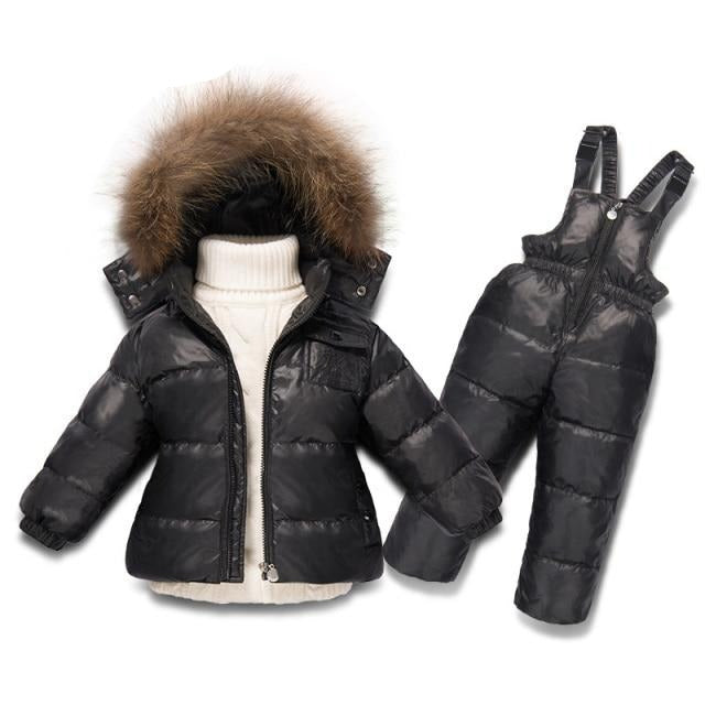 Ensemble de vêtements d'hiver pour garçons et filles, manteau en duvet de canard blanc + salopette, 2 pièces, vêtements de neige pour enfants, combinaison de Ski coupe-vent