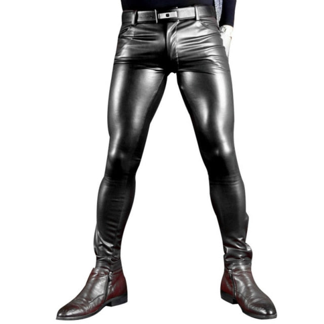 Men Leather Shiny Pants Role Soft Skinny Gay Pants Zipper Open Pencil Pants Wear